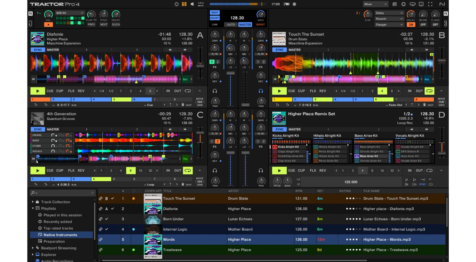 Native Instruments Traktor Pro 4 DJ software interface with colorful waveforms and control panels on a computer screen.