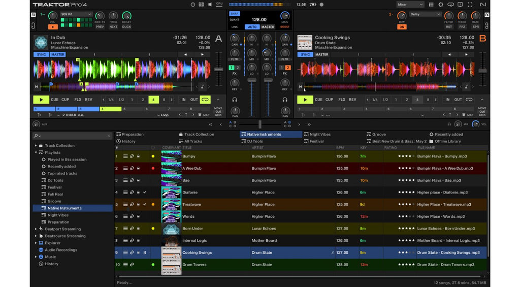Native Instruments Traktor Pro 4 DJ software interface with mixing controls and waveforms displayed on a computer screen.
