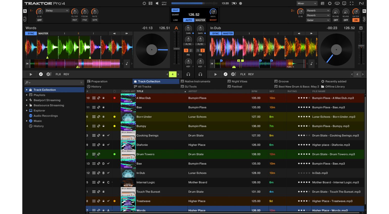 Native Instruments Traktor Pro 4 DJ software interface on screen showing waveform, controls, and playlist.