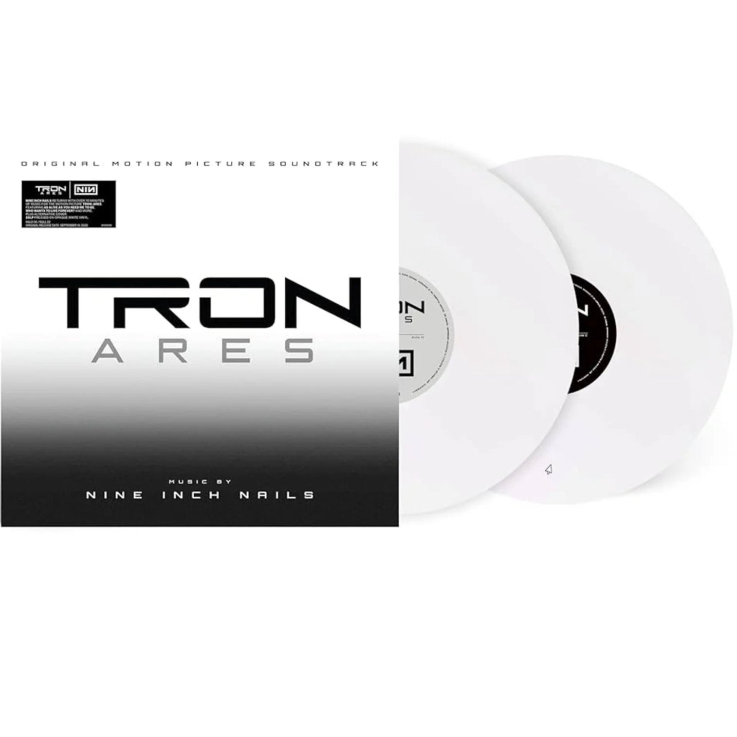 Nine Inch Nails TRON: Ares white vinyl 2LP, electronic music from the film, featuring album artwork on the cover.