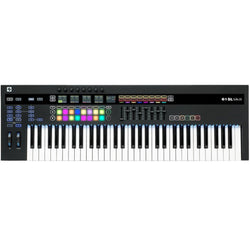 Novation 61SL MK3 MIDI keyboard with 61 keys, control knobs, and buttons, used for music production and digital composing.