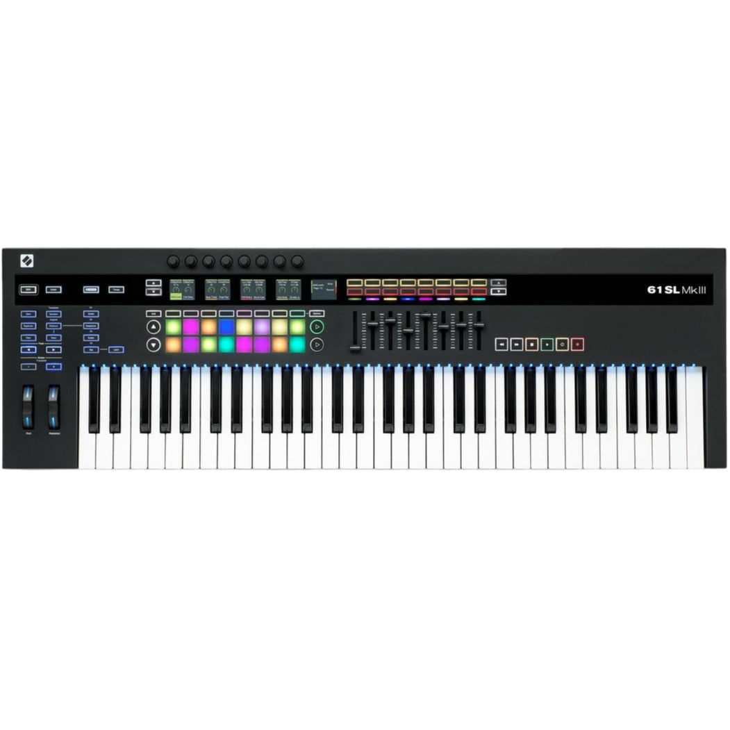 Novation 61SL MK3 MIDI keyboard with 61 keys, control knobs, and buttons, used for music production and digital composing.
