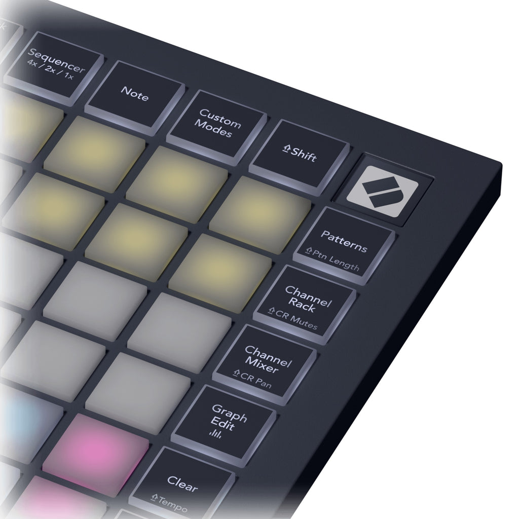 Novation FLpad Mini, close-up of the Patterns, Channel Rack and Mixer buttons