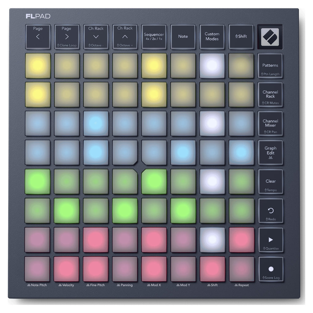 Novation FLpad Mini, top view of the 8x8 pad grid and FL Studio buttons