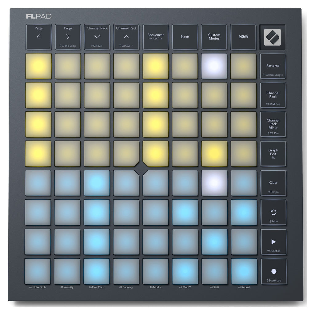 Novation FLpad, top view of the 8x8 pad grid and FL Studio buttons