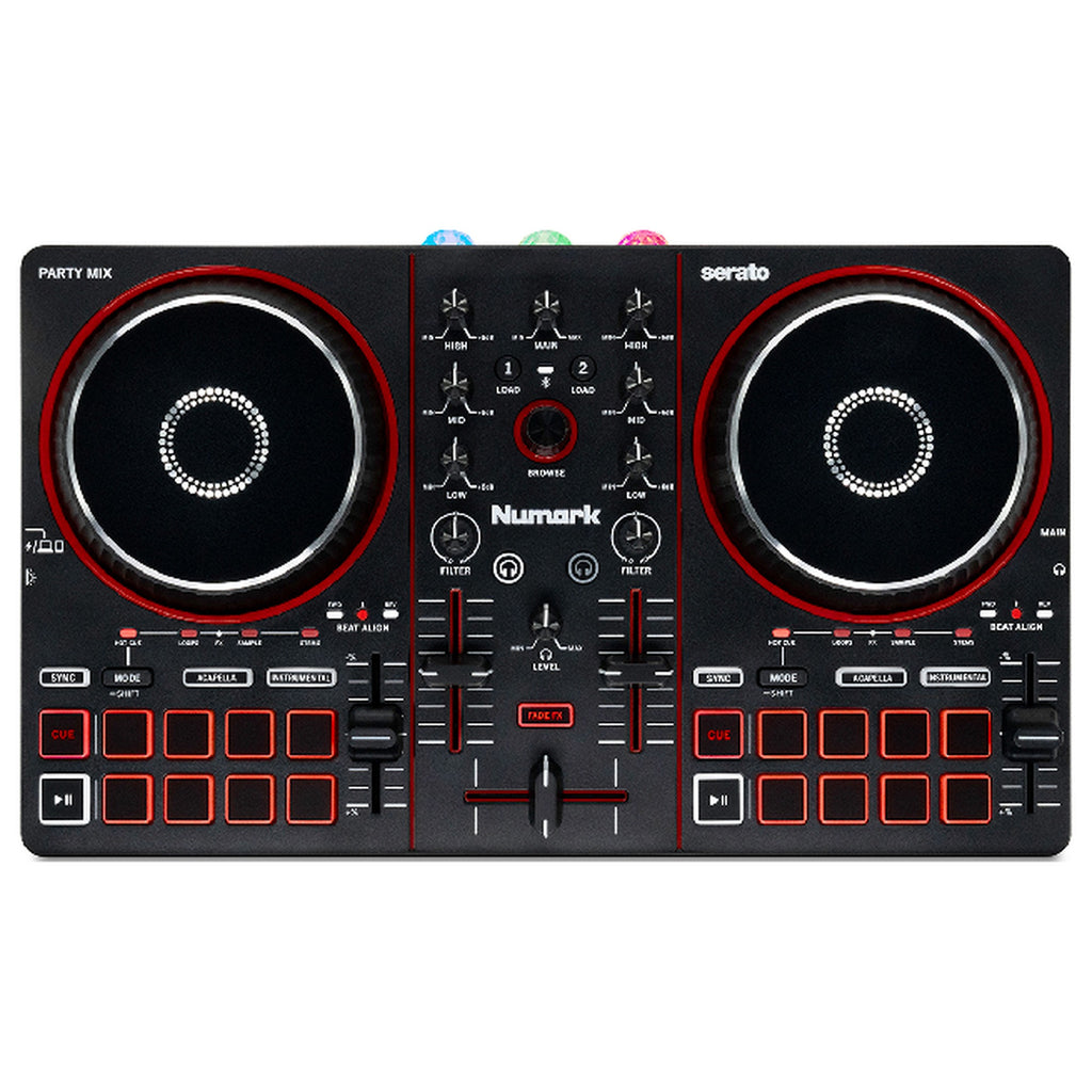 Numark Party Mix III, top-down view of the 2-deck layout and mixer section