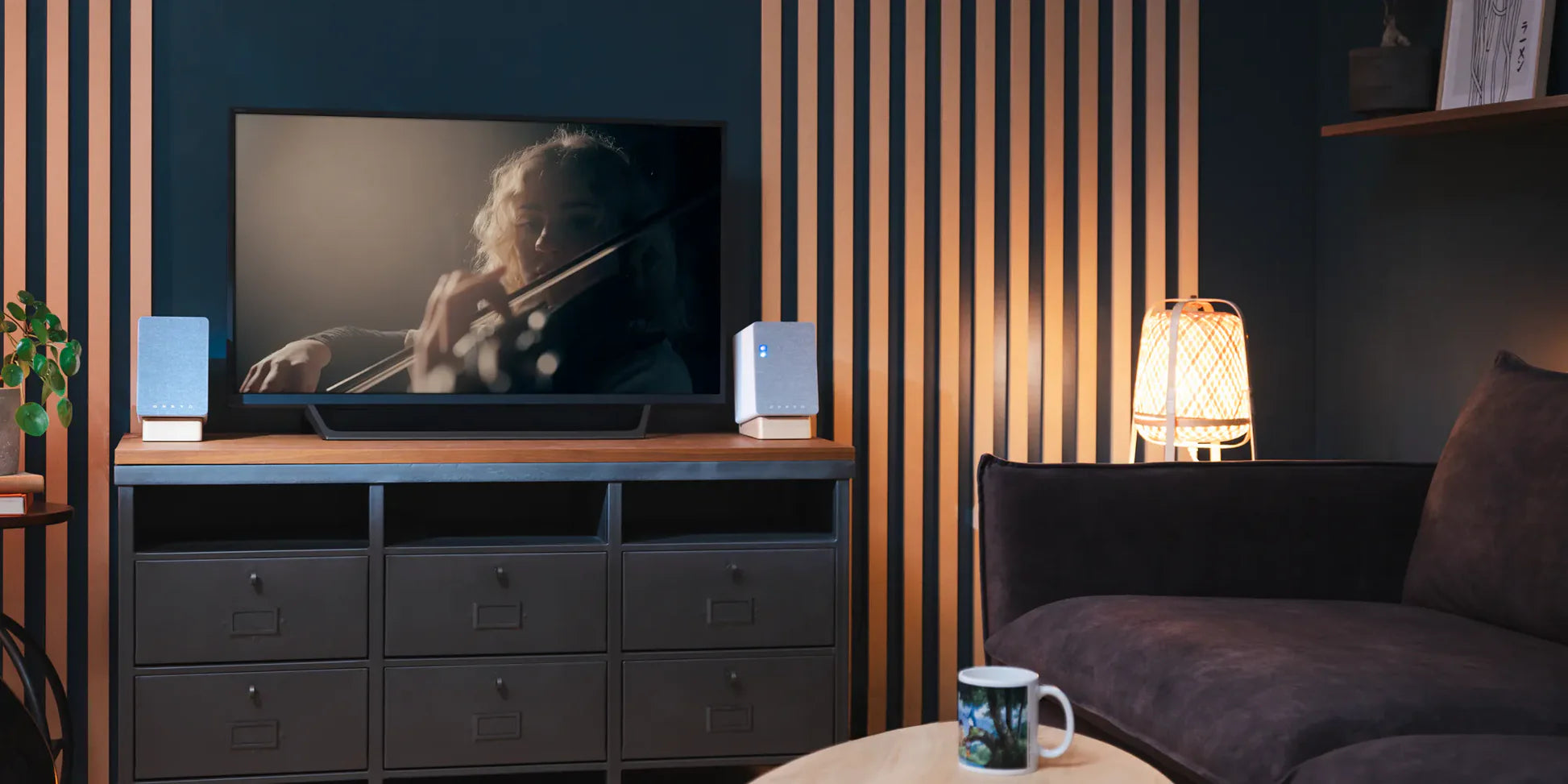 Onkyo GX-30ARC desktop speakers, in black, lifestyle setting