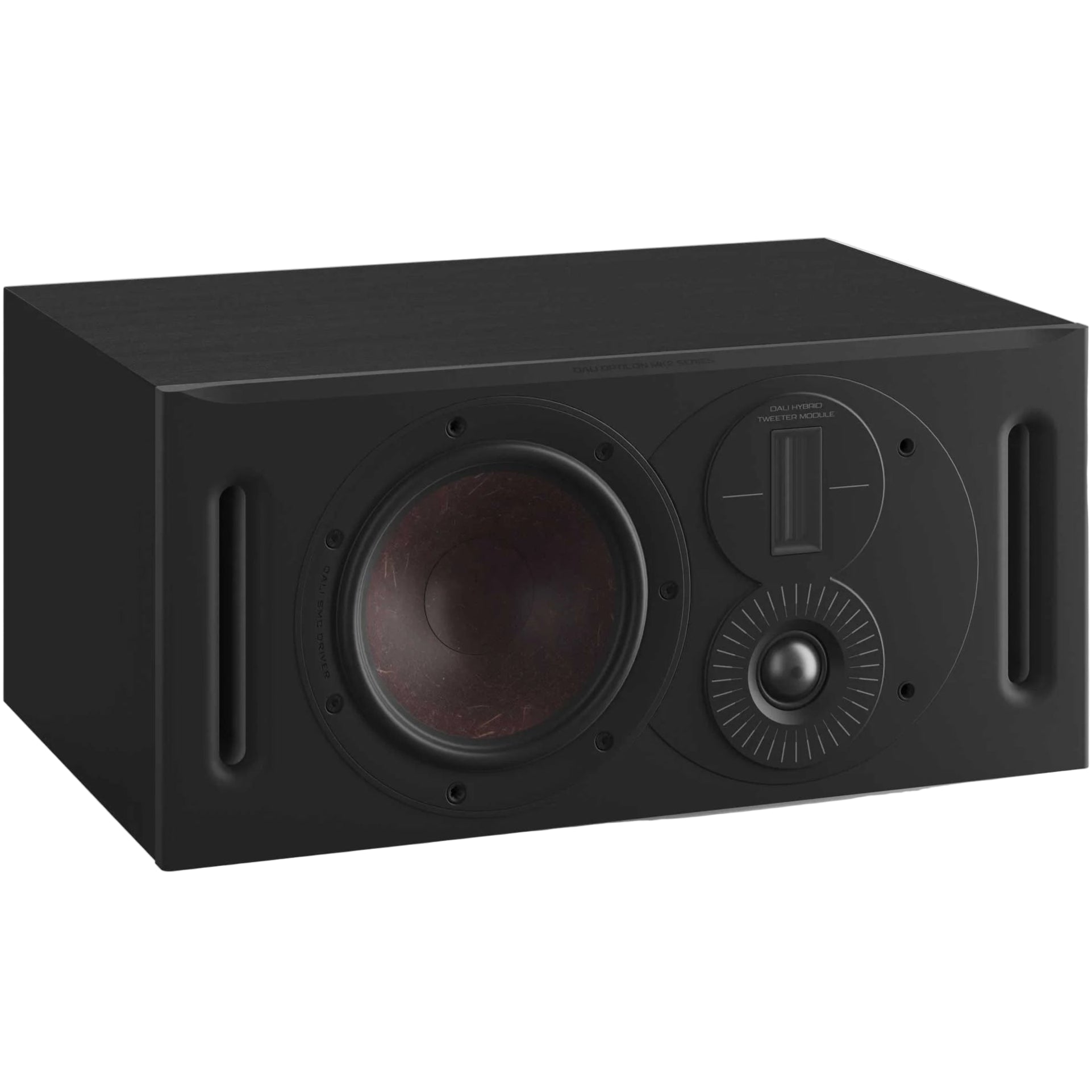 DALI Opticon Vokal MK2 center speaker in black, showcasing its sleek design and front grille for home theater audio.