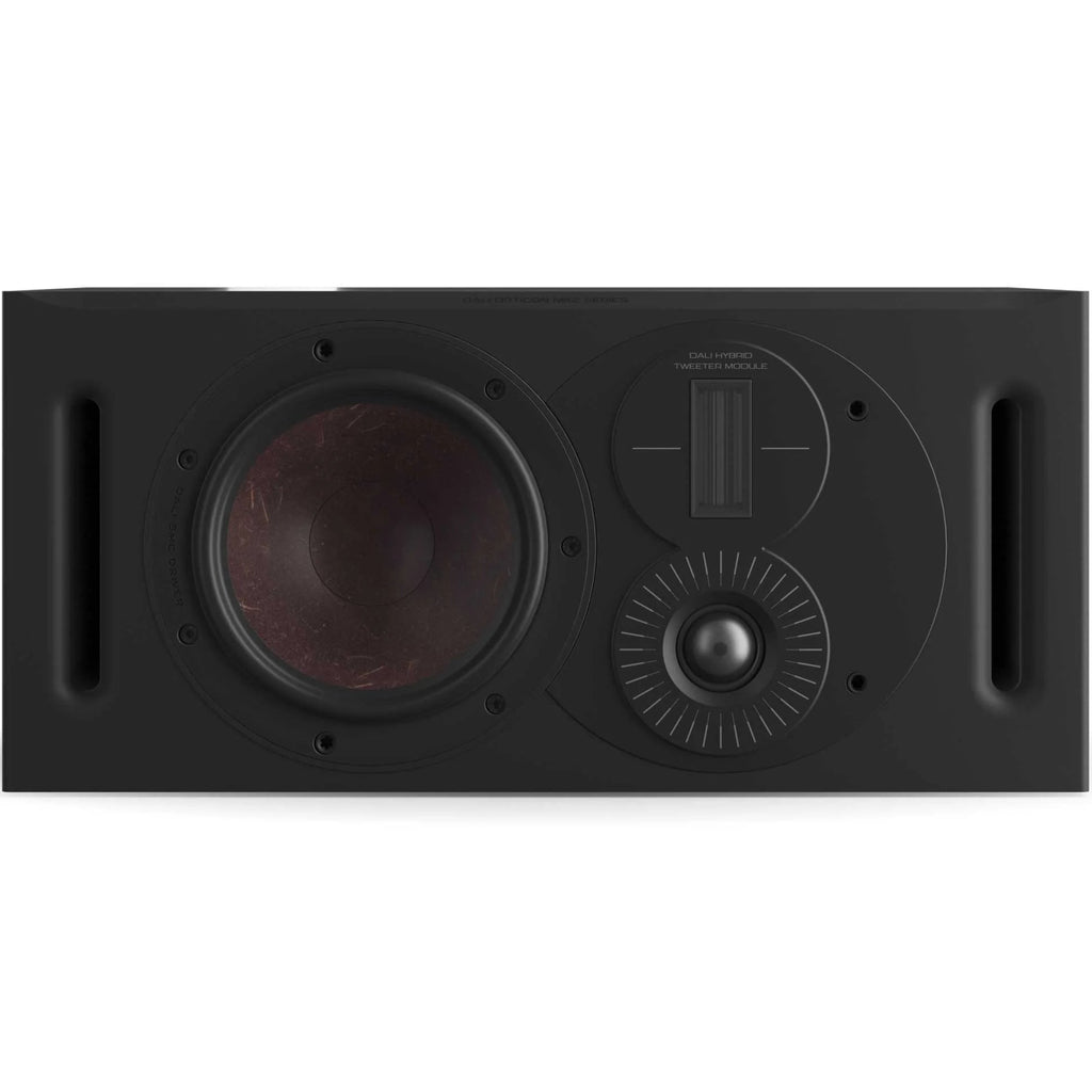 DALI Opticon Vokal MK2 center speaker in black, showcasing its sleek design and front grille for home theater audio setup.