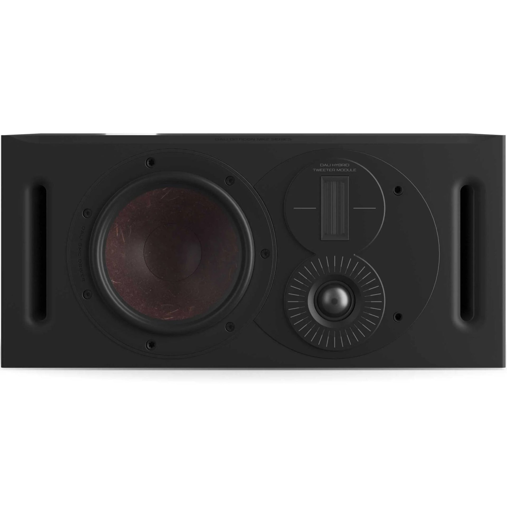 DALI Opticon Vokal MK2 center speaker in black, showcasing its sleek design and front grille for home theater audio setup.