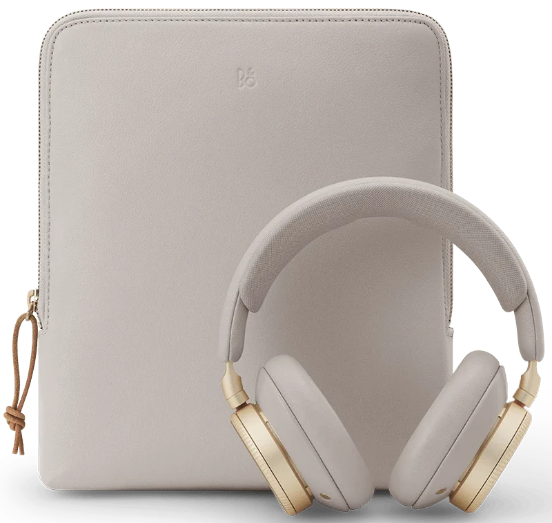 Bang & Olufsen Beoplay H100 wireless headphones in a pouch, with an hourglass sand design on the front.