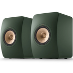 KEF LS50 Meta passive bookshelf speakers with sleek black finish and front grille, designed for high-quality home audio.