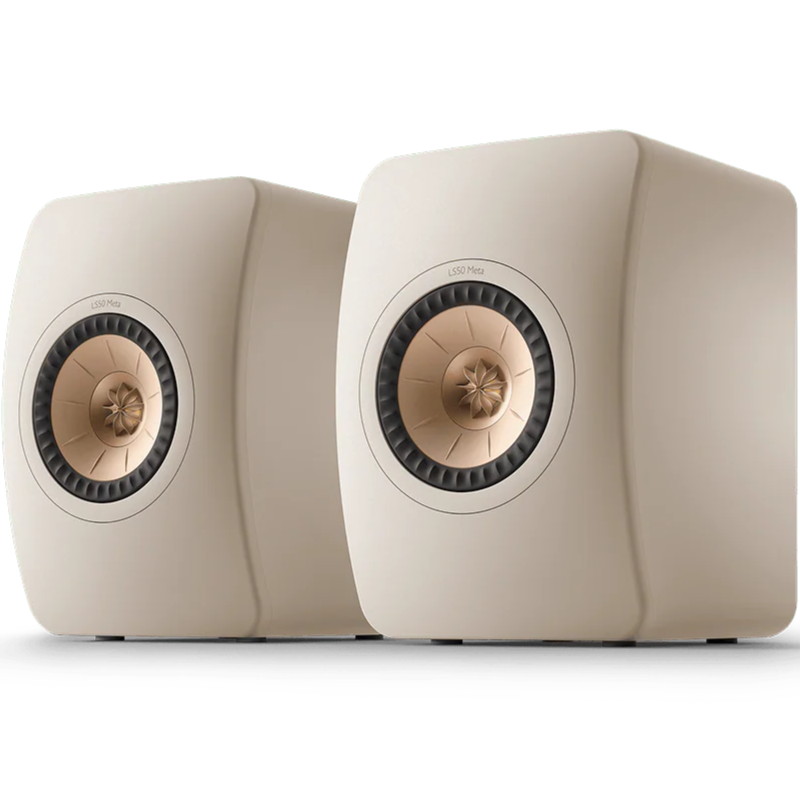 KEF LS50 Meta passive bookshelf speakers with sleek black finish and modern design, showcasing their compact form and high-quality build.