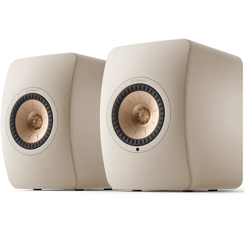 KEF LS50 Wireless II wireless speakers with sleek black finish and modern design, featuring high-quality audio drivers.