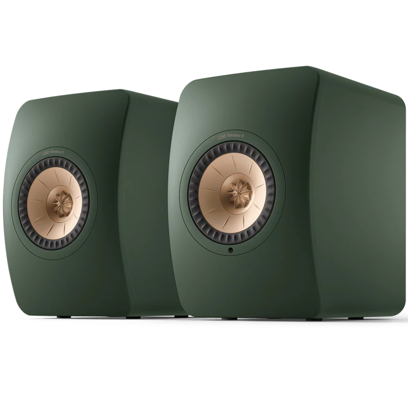 KEF LS50 Wireless II wireless bookshelf speakers with sleek black finish and modern design, featuring front grille and control panel.