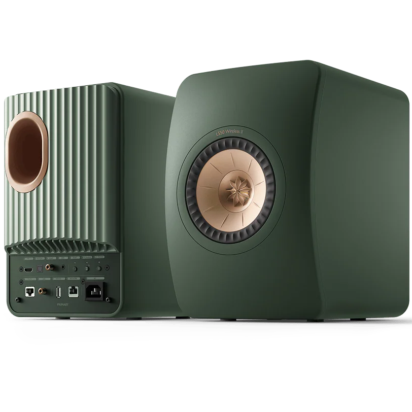KEF LS50 Wireless II wireless speakers with sleek black finish and modern design, featuring KEF branding on front grille.