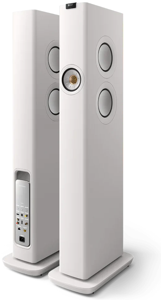 KEF LS60 Wireless floorstanding speakers with sleek black finish and modern design, showcasing their elegant speaker grille and wood accents.