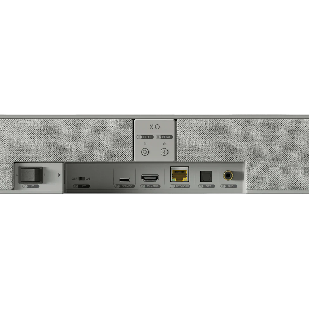KEF XIO soundbar with sleek black design, featuring multiple speaker drivers and modern TV audio enhancement.