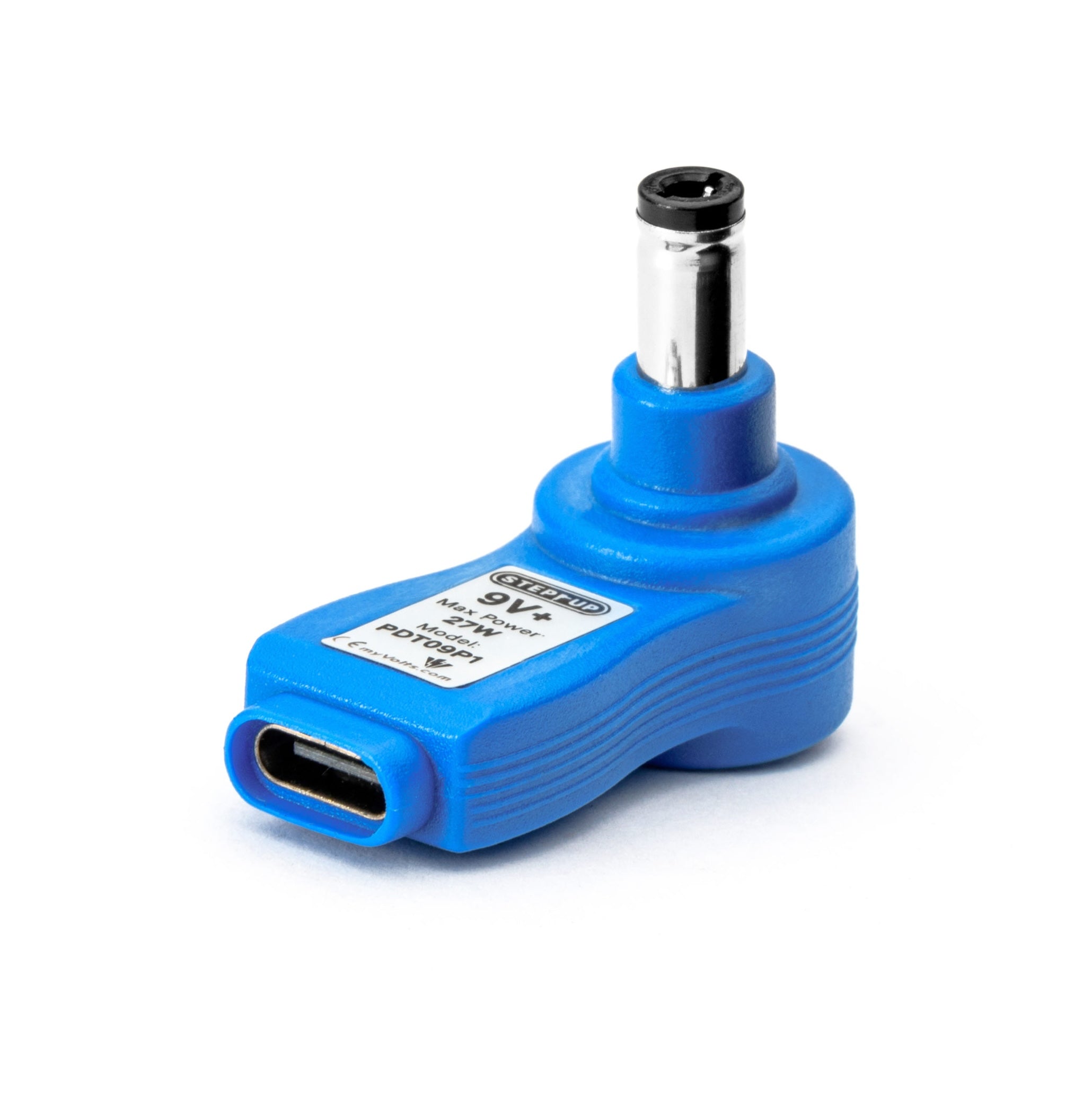 myVolts USB-C PD step-up tip displaying 9V output with 2.1mm and 2.5mm connector options for portable power devices