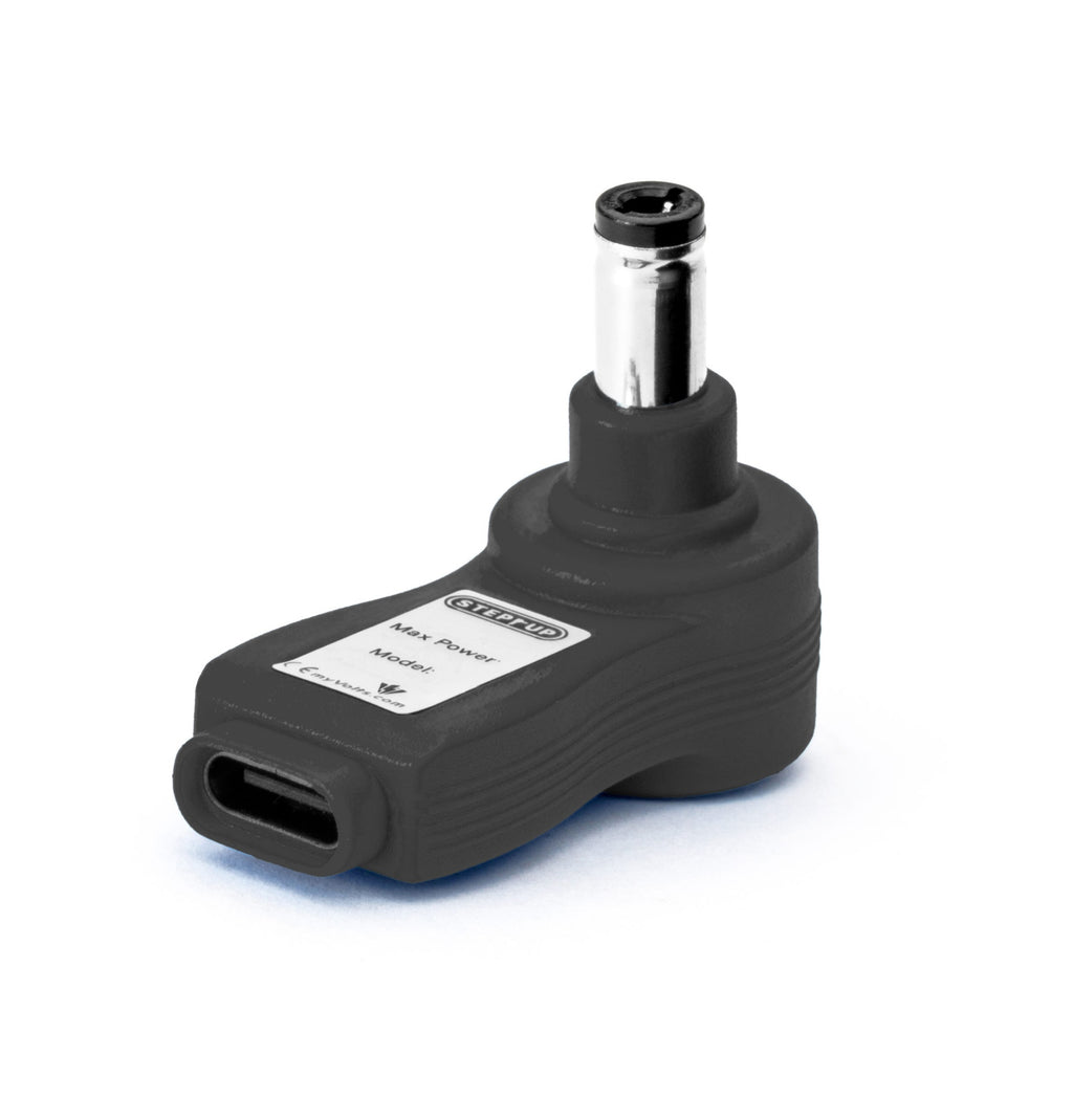 myVolts USB-C PD step-up tip for 19V laptops, showing the 2.1mm/2.5mm connector for power delivery.