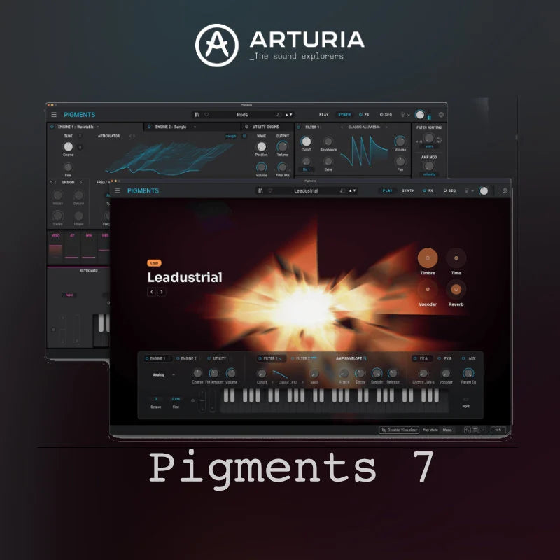 Cover image of Arturia Pigments 7 virtual instrument plugin, showcasing its sleek interface and colorful design elements.