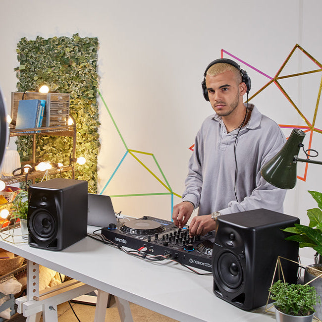 Pioneer DJ DM-50D-BT desktop monitors, in use