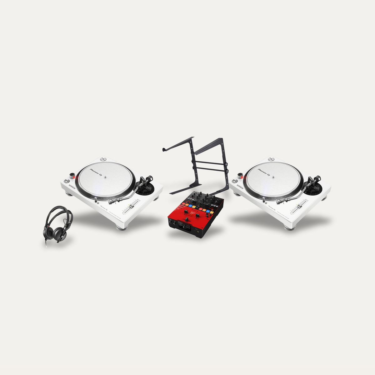 2 x Pioneer PLX-500 + DJM-S5 + Sennheiser HD 25 Scratch Set – Turntable Colour White