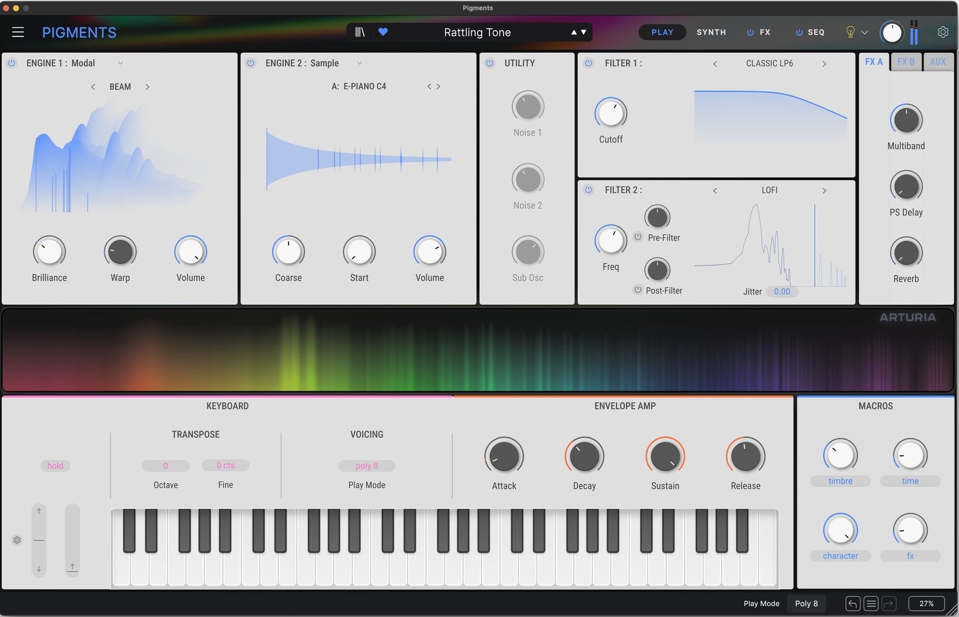 Arturia Pigments 6 music production software interface with colorful waveforms and controls on a light background screen.