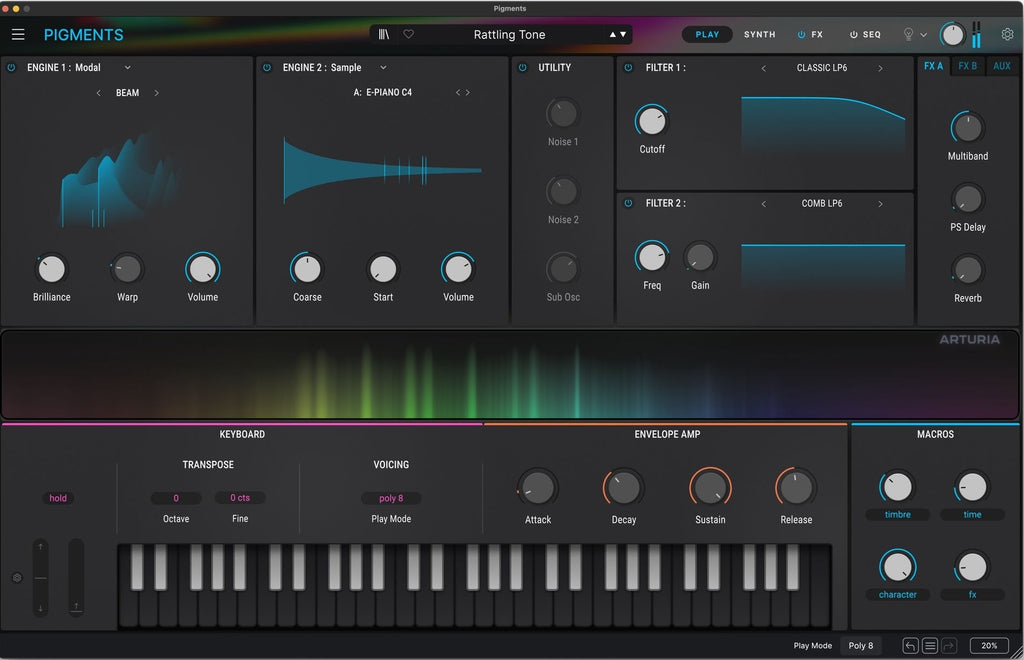 Arturia Pigments 6 music production software interface showing colorful waveform visualizations and control panels.