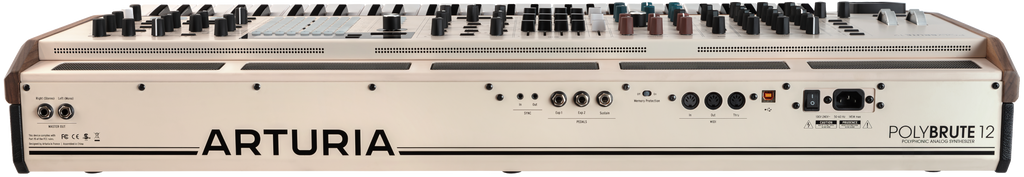 Arturia PolyBrute 12 synthesizer with front panel controls and back connections, showcasing the professional music production instrument.