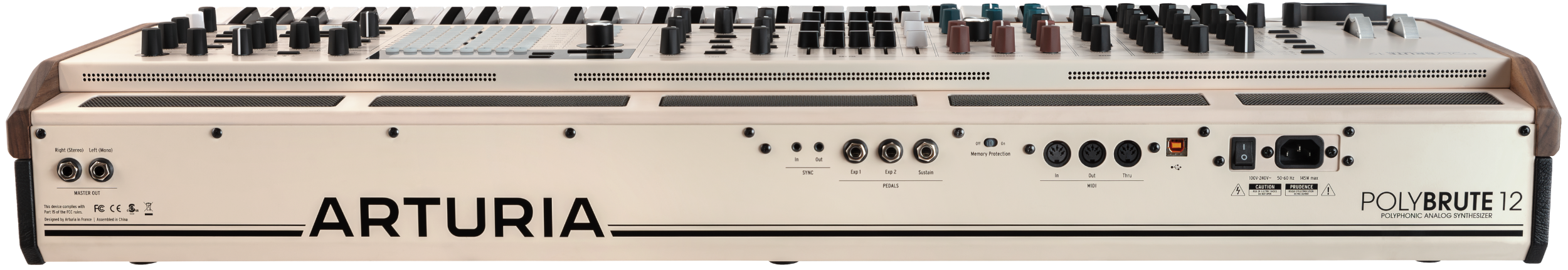 Arturia PolyBrute 12 synthesizer with front panel controls and back connections, showcasing the professional music production instrument.