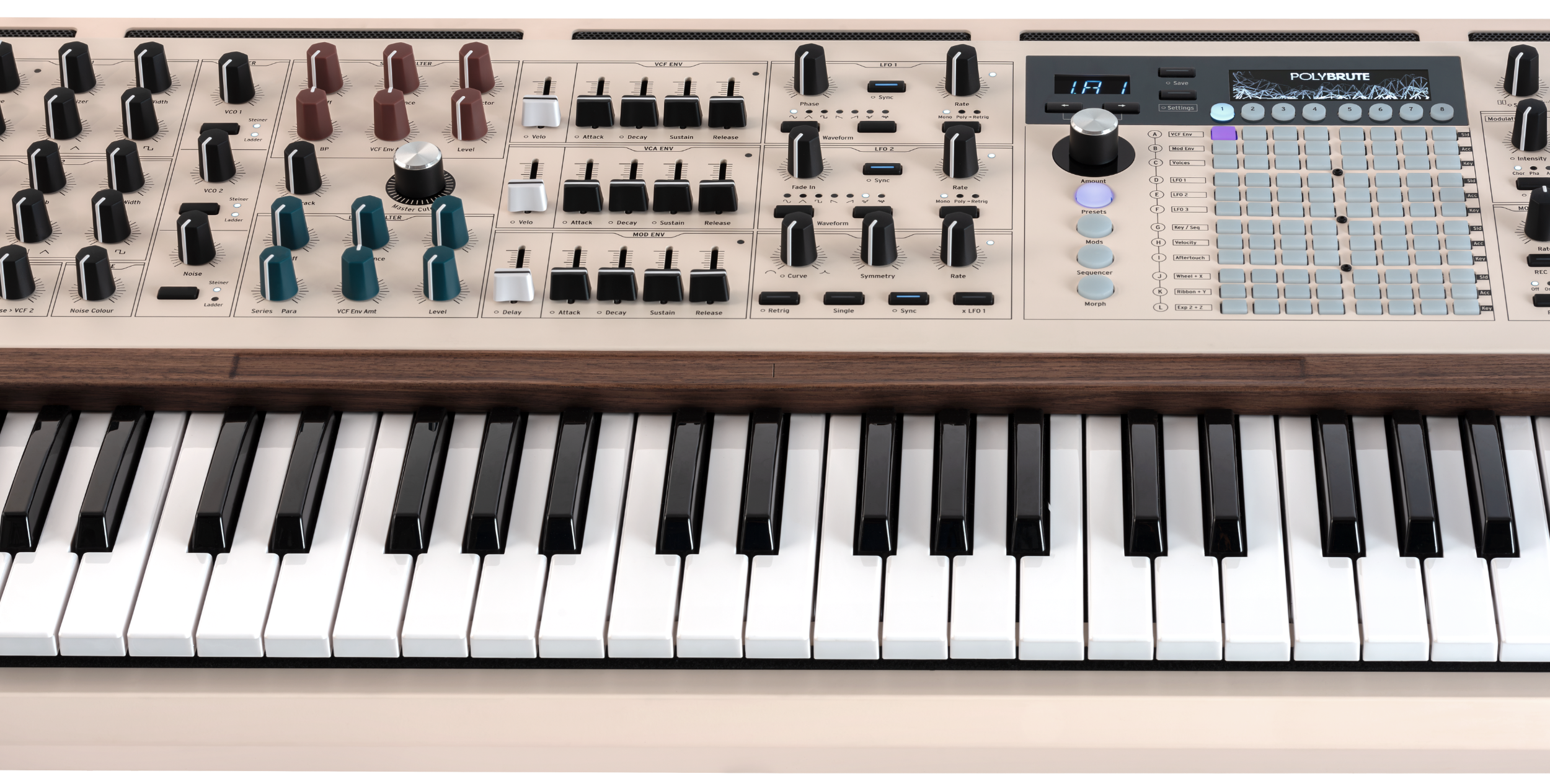Front view of the Arturia PolyBrute 12 synthesizer showing its keyboard, control panel, and interface buttons.