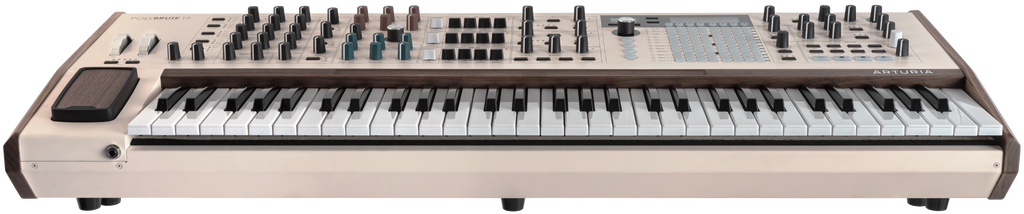 Arturia PolyBrute 12 synthesizer front view showing control panel with knobs and keys, highlighting its professional music production features.