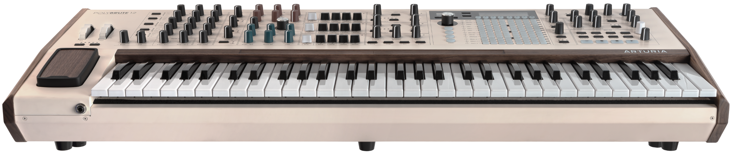 Arturia PolyBrute 12 synthesizer front view showing control panel with knobs and keys, highlighting its professional music production features.