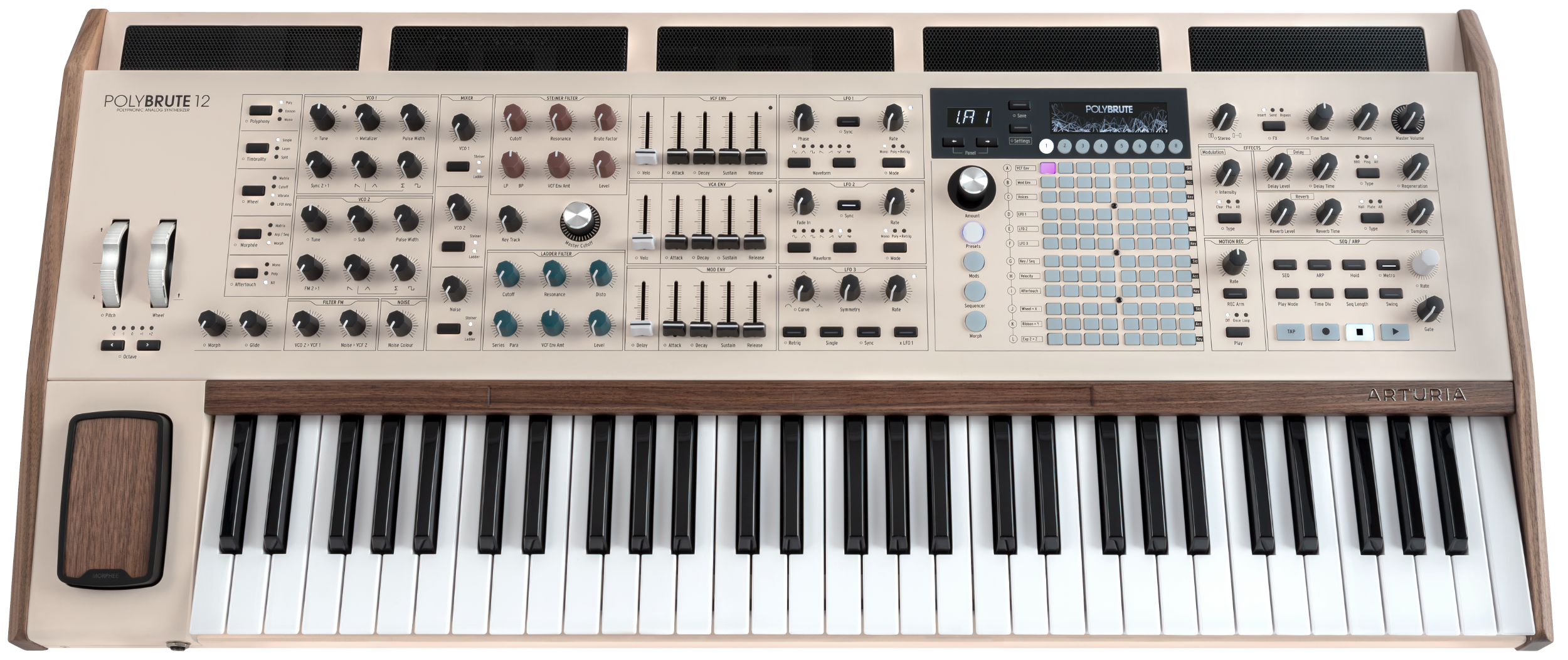 Arturia PolyBrute 12 synthesizer with multiple knobs, buttons, and a large display, showcasing its professional music production interface.