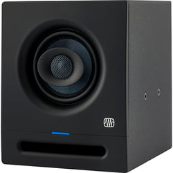 Presonus Eris Pro 4 active nearfield monitors shown with black enclosure and front speaker grills, ideal for studio audio setup.