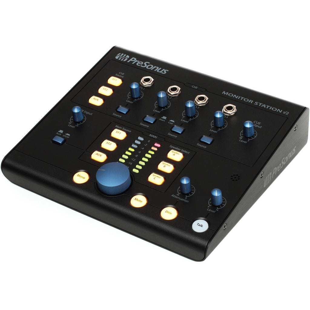 Presonus Monitor Station V2 studio monitor controller with multiple input options and a sleek design.