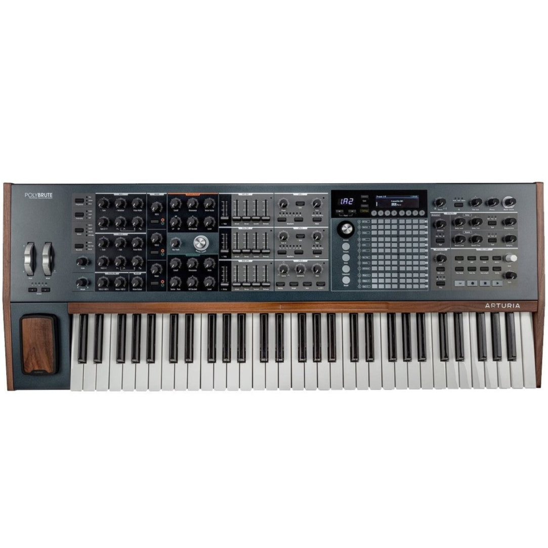 Arturia PolyBrute synthesizer with colorful control knobs and interface, showcasing its professional music production features.