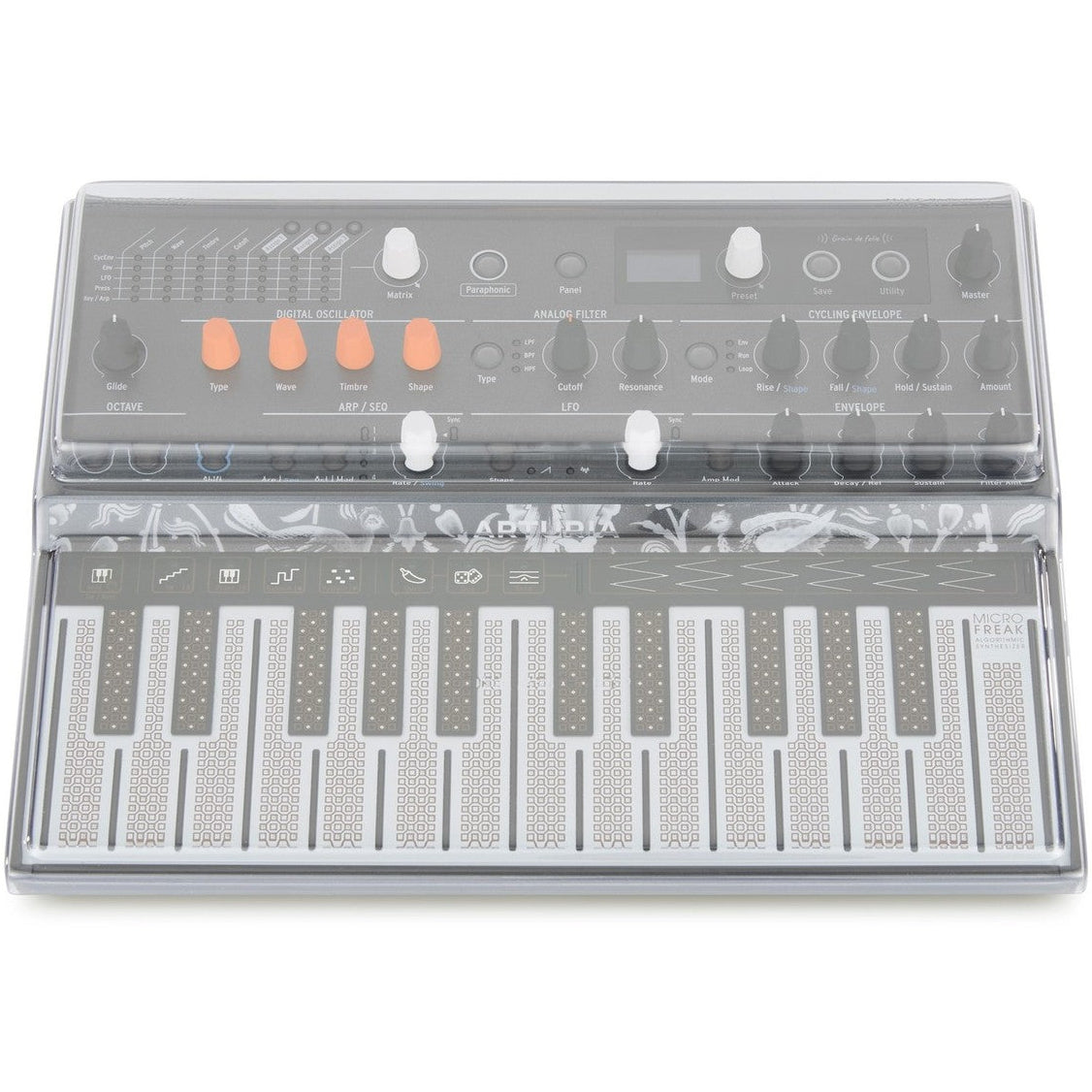Decksaver Arturia Microfreak cover protecting the synthesizer from dust and scratches, made of durable transparent material.
