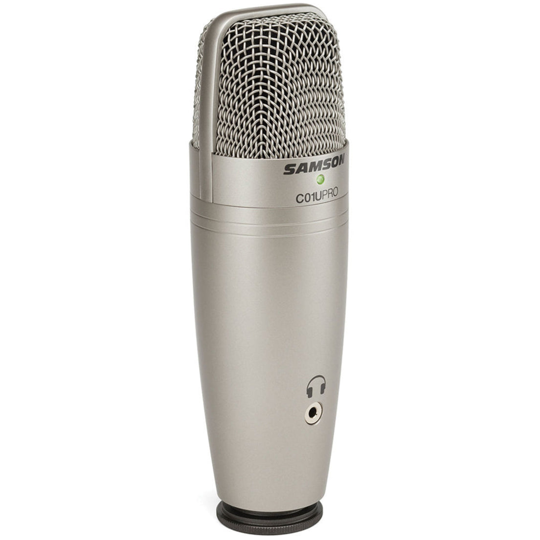 Samson C01U Pro USB microphone with black body and metal grille, set on a desk for professional audio recording.