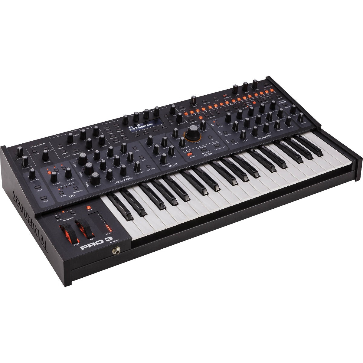 Sequential Pro 3 synthesizer with multiple knobs and buttons, showing its front panel and display screen.