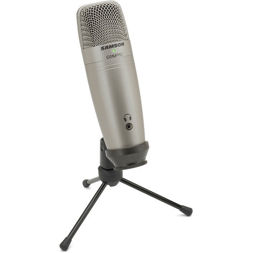 Close-up of the Samson C01U Pro USB microphone showing its sleek black design and adjustable stand against a neutral background.