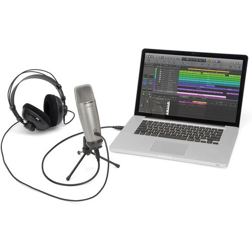 Samson C01U Pro USB microphone with black grille and stand, designed for professional audio recording and streaming.