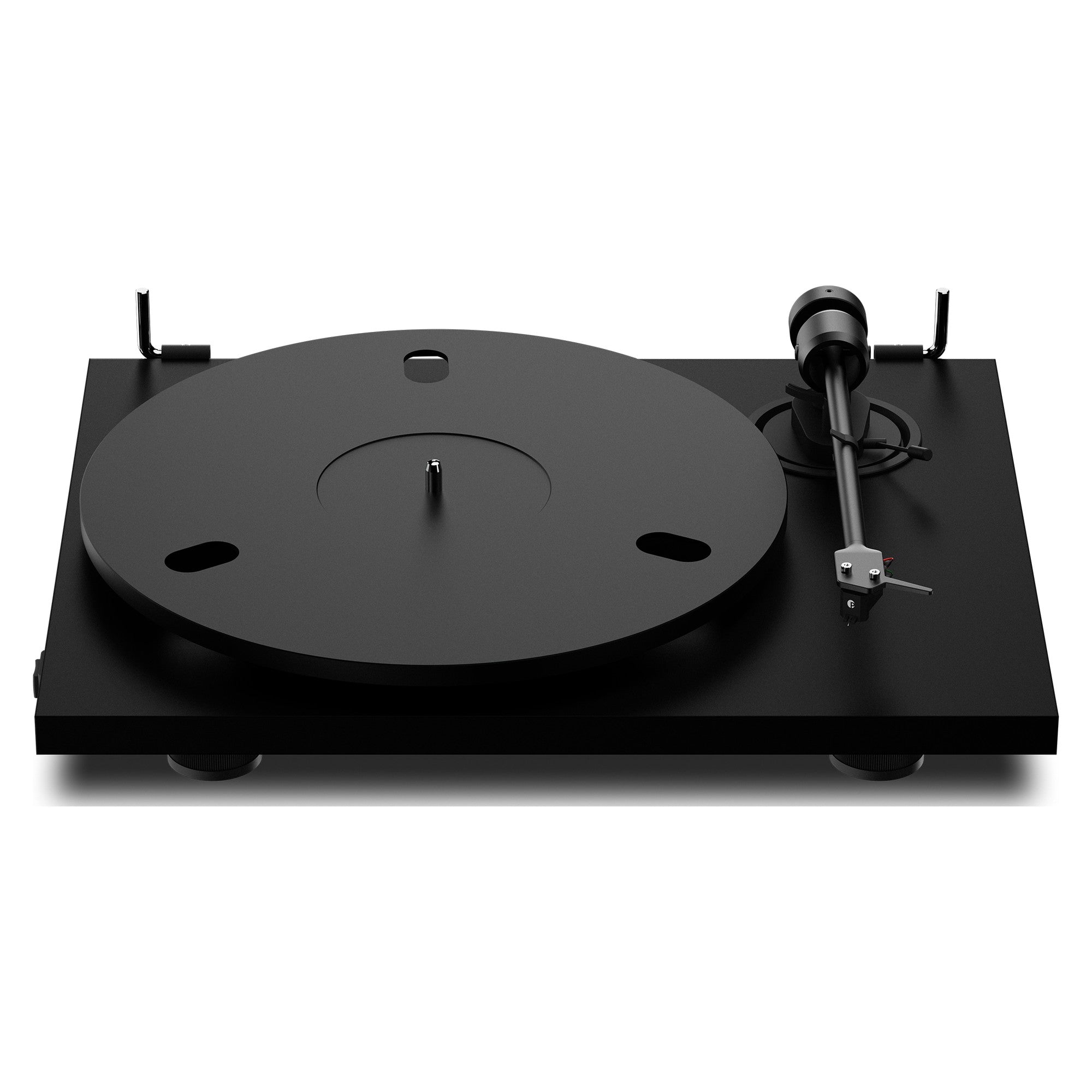 Pro-Ject E1.2 BT Satin Black turntable with the felt mat removed, showing the die-cast aluminium platter