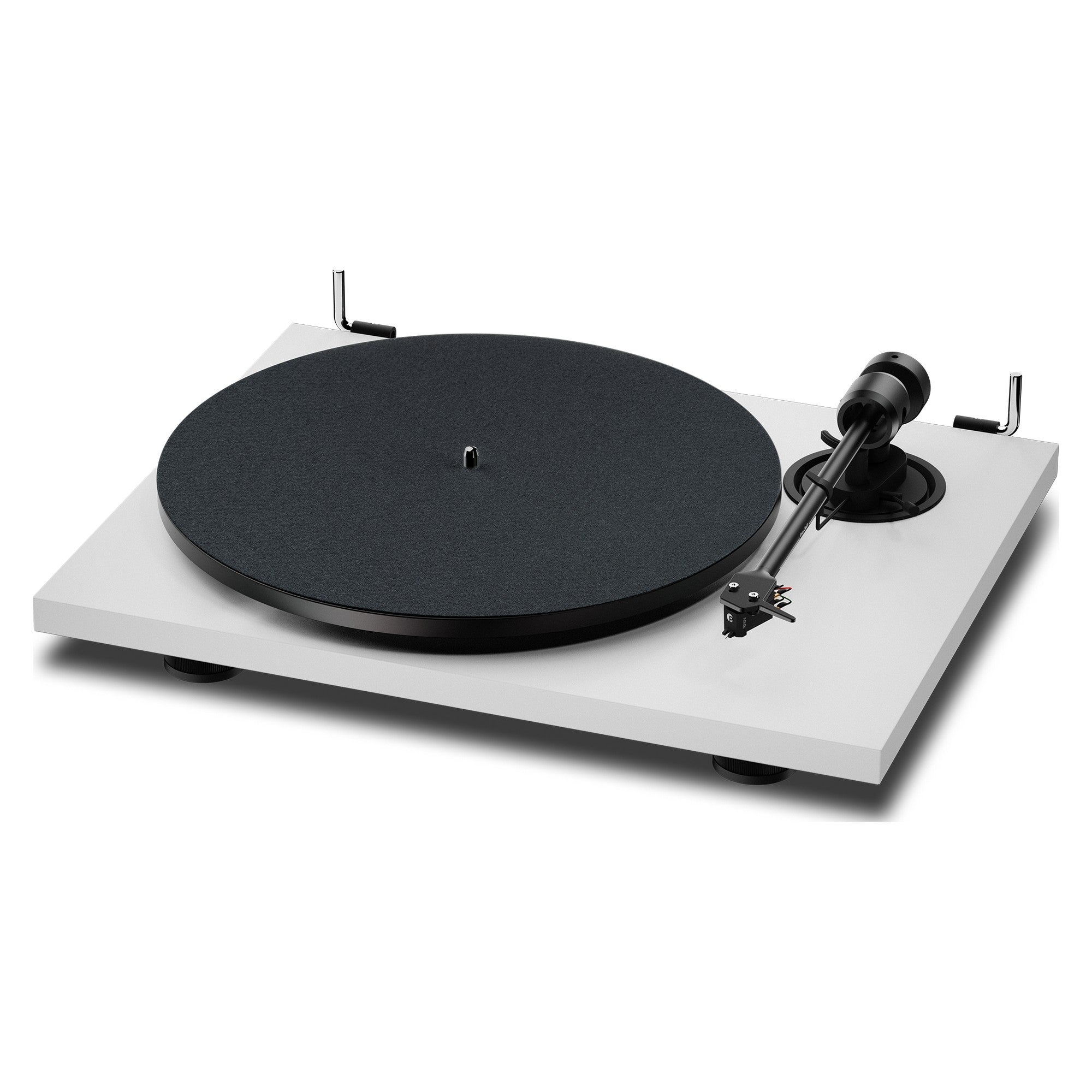 Pro-Ject E1.2 BT Satin White turntable, three-quarter view showing tonearm and dust cover hinges