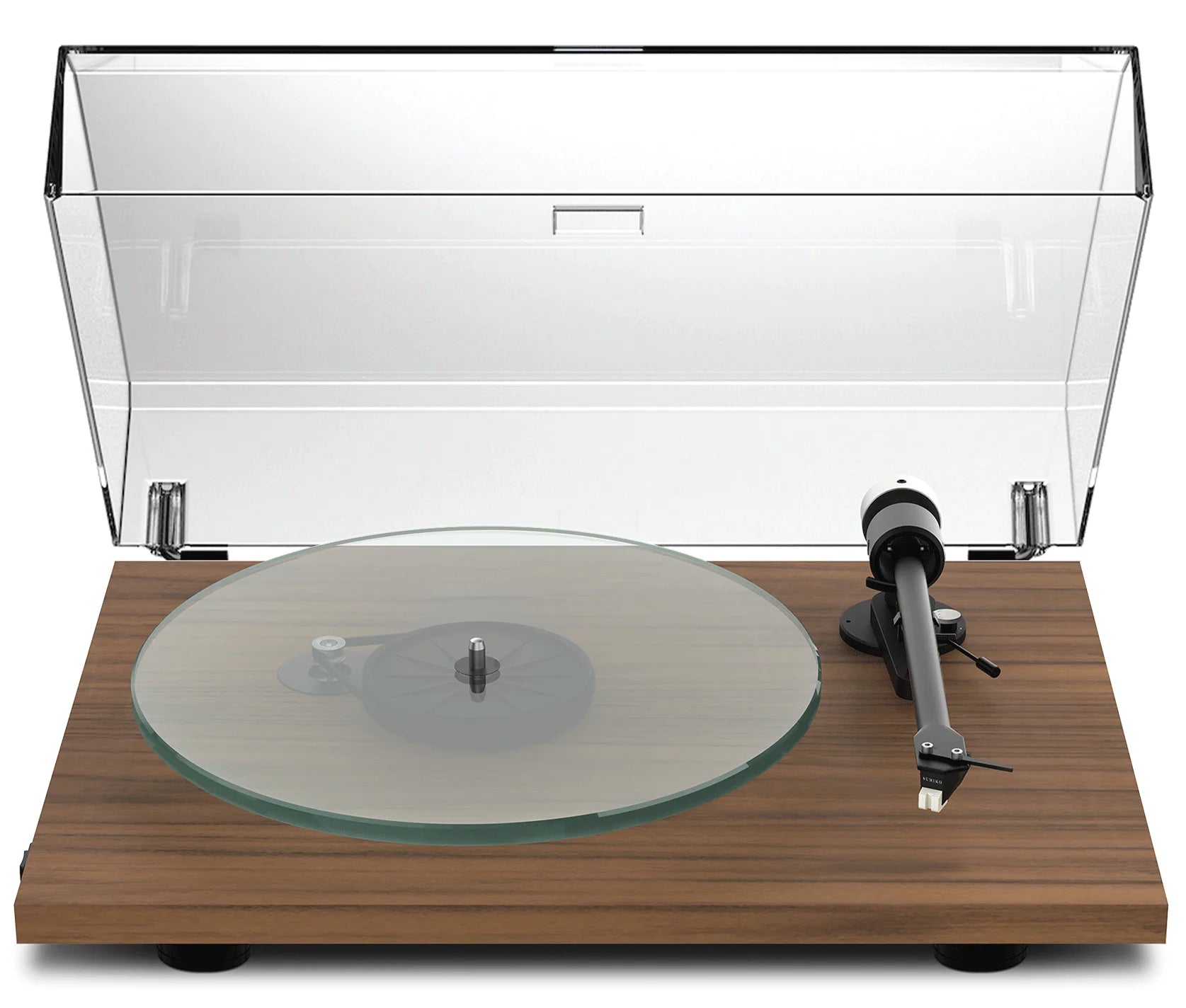 Pro-Ject T2 W walnut turntable with tonearm and platter, showcasing its sleek design and high-quality build.
