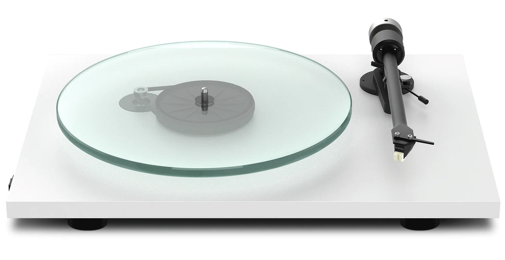 Pro-Ject T2 W turntable with wooden plinth and tonearm, featuring a sleek design and built-in phono preamp.