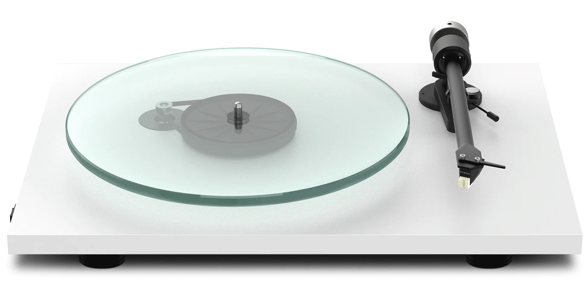 Pro-Ject T2 W turntable with wooden plinth and tonearm, featuring a sleek design and built-in phono preamp.