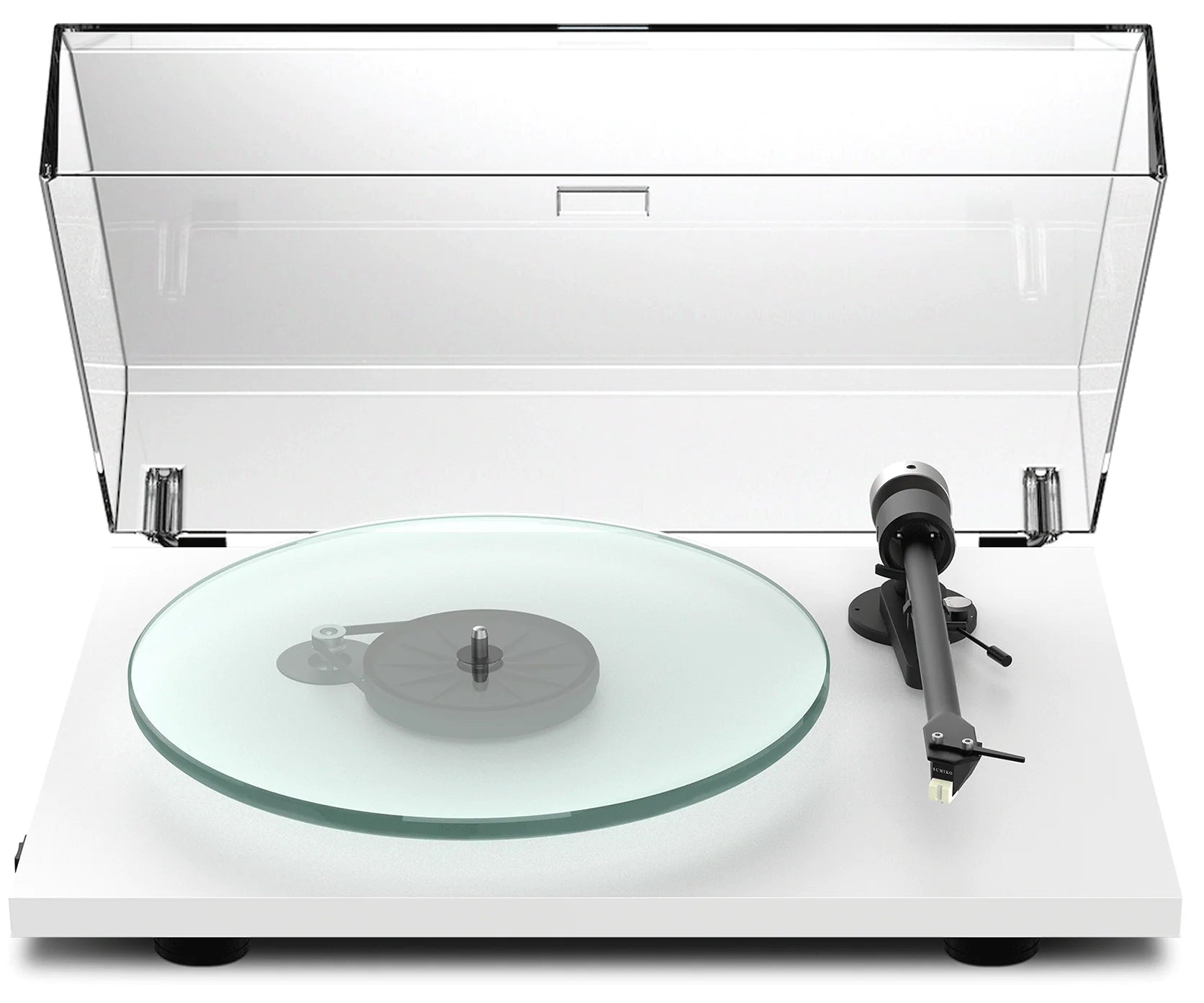 Pro-Ject T2 W turntable with wooden plinth and tonearm, showcasing its sleek design and high-quality build.
