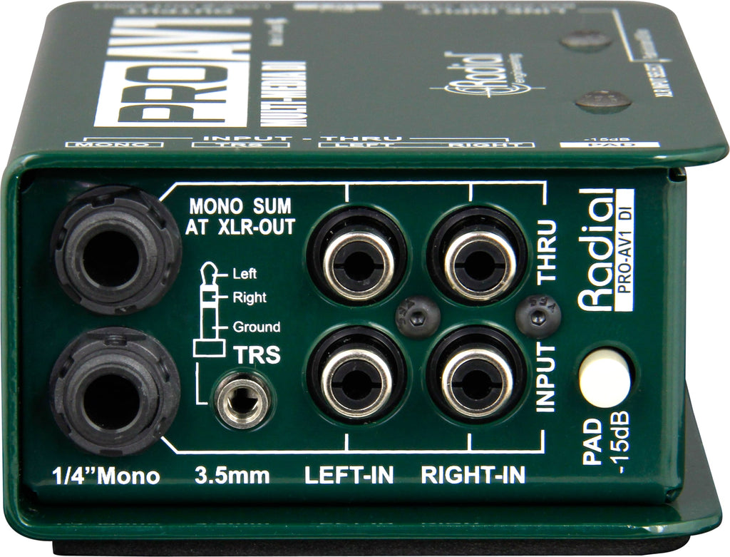 Radial Engineering PROAV1 DI box showcasing front view with input and output jacks for professional audio applications